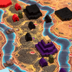 Board game setup with colorful hexagonal tiles and player pieces on a detailed map.