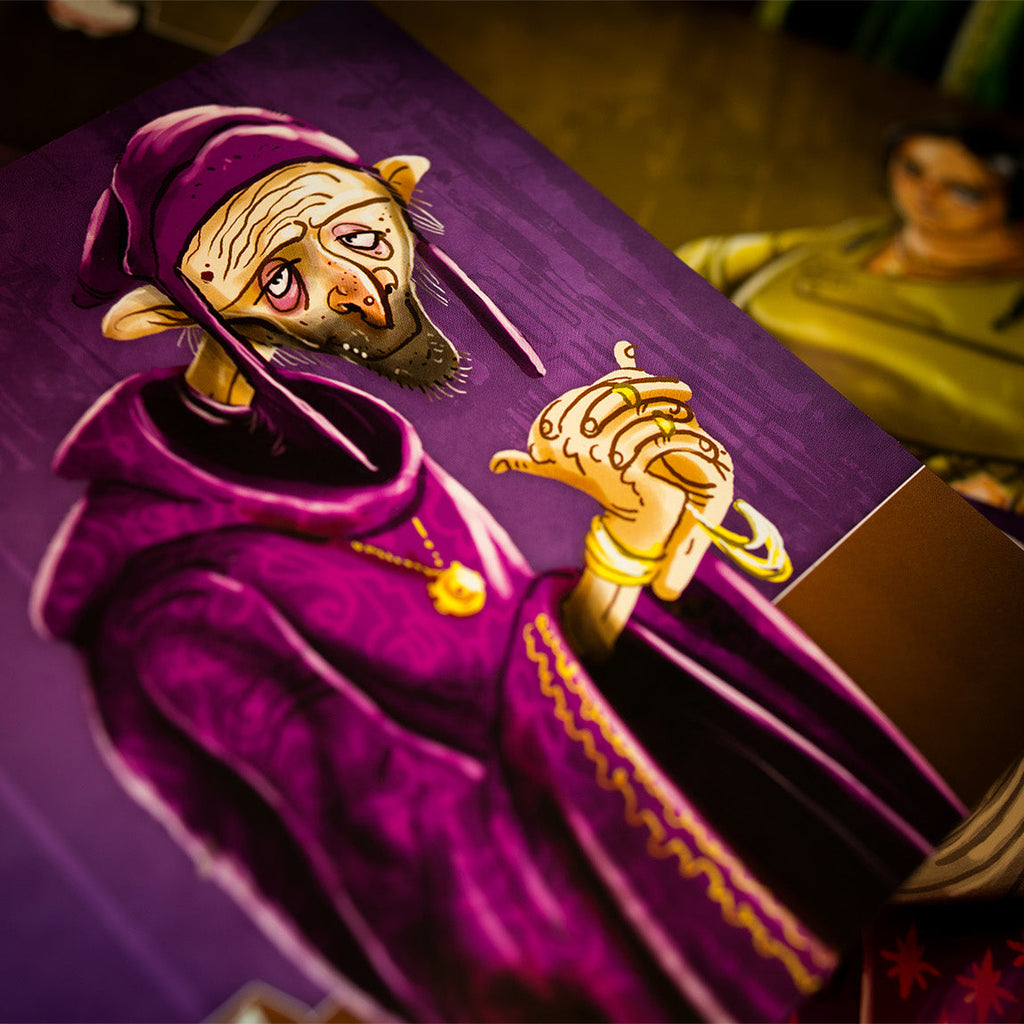 Card game piece with a character in a purple robe and helmet, holding a sword, on a dark background.