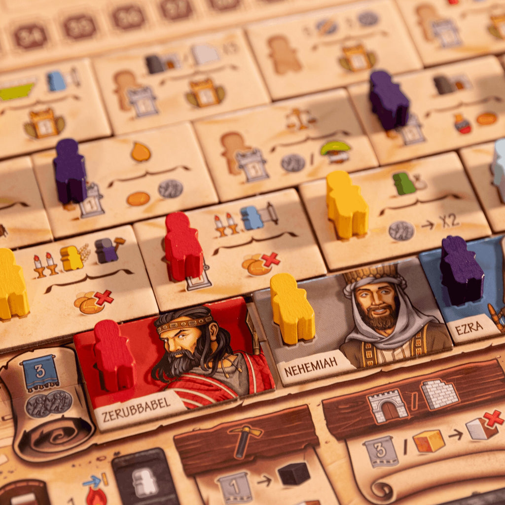 Close-up of a board game with colorful player pieces and character cards.