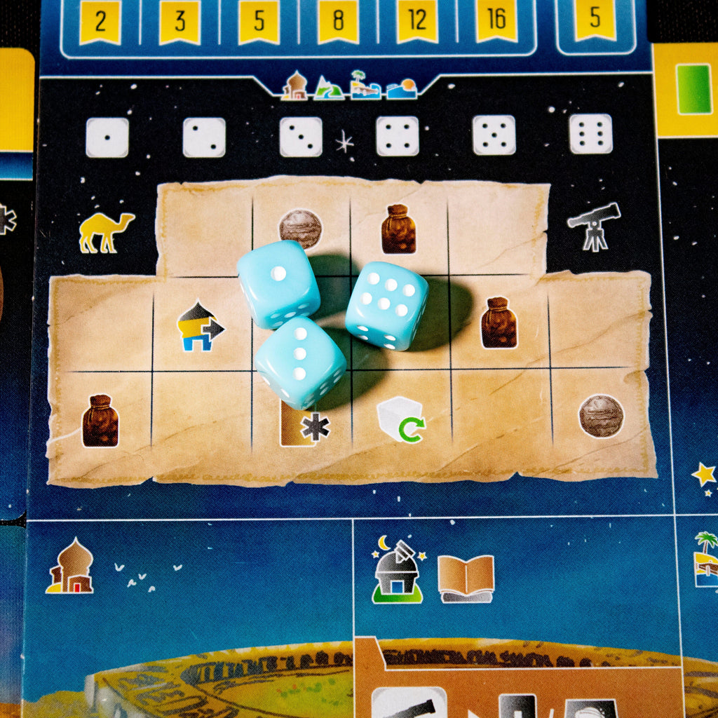 Board game with dice and space-themed tiles