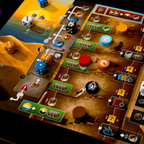 Close-up of a board game with various components and dice on a wooden surface.
