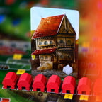 Toy house with red roof and red bases on a colorful background