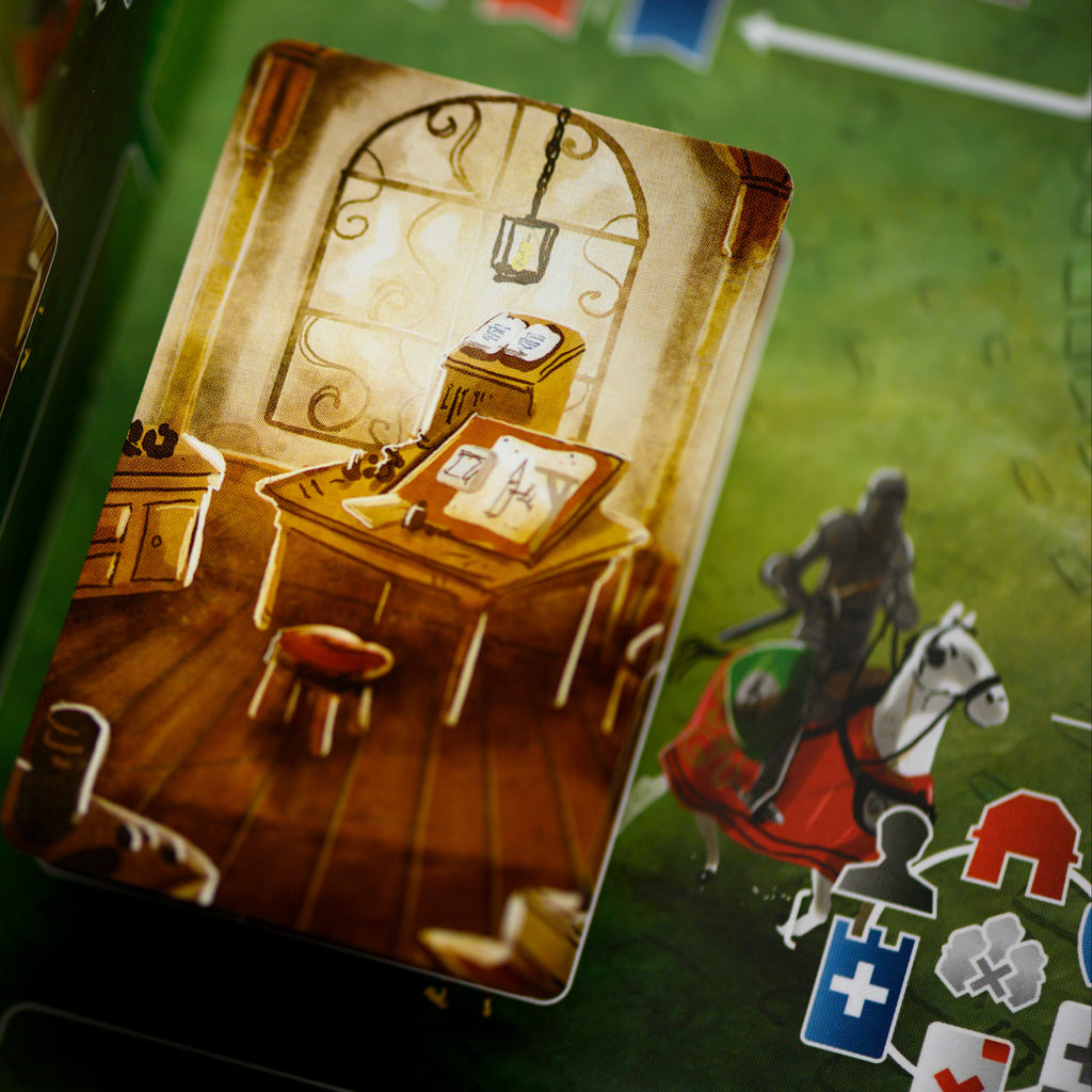 Card game with a card featuring a room illustration on a green board